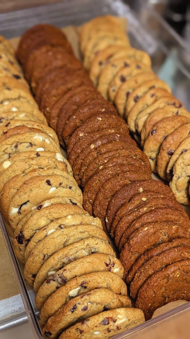 Long rows of light and dark cookies lined up in a tray