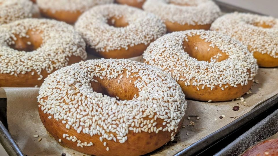 Bagels covered in sesame seeds on a baking tray